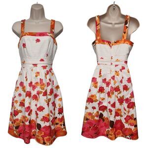 Adrianna Papell Women's Multicolor Floral Beige/Orange Fit-Flare Knee Dress Sz 6